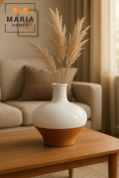 MARIA HOMES مزهرية سيراميك باللون الأبيض والفلين - وعاء زهور دائري عريض مزخرف