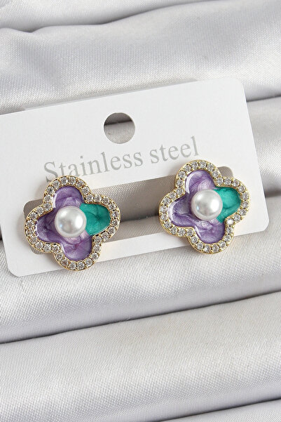 shopwave أقراط نسائية من النحاس الأرجواني المينا واللؤلؤ وحجر الزركون وصورة ف...