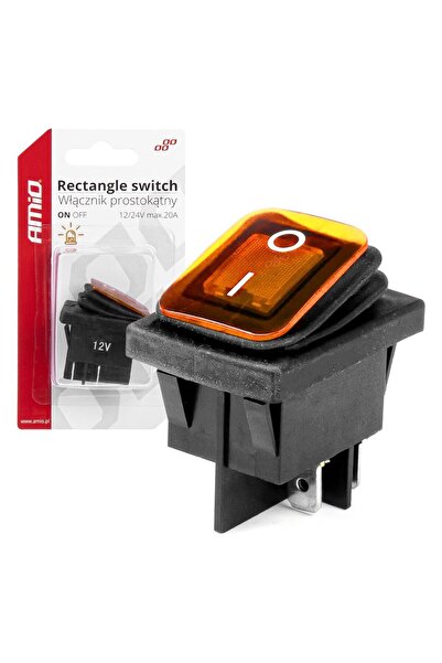 AMIO On/Off switch, 12/24V, rectangular, waterproof, Yellow illuminated, for cars, utility vehicles