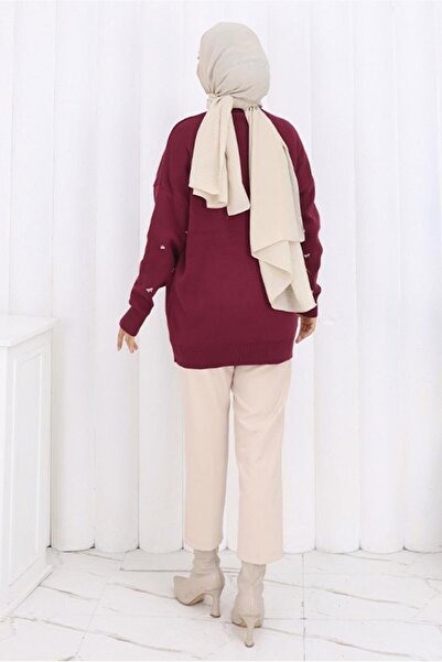 TRENDTESETTÜR Women's Burgundy Bow Patterned Knitwear Sweater t 1523