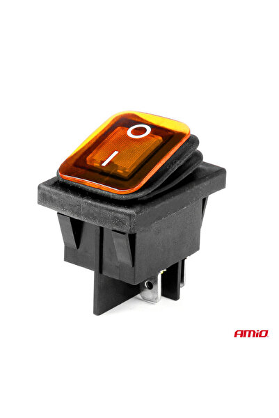 AMIO On/Off switch, 12/24V, rectangular, waterproof, Yellow illuminated, for cars, utility vehicles