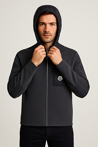 YusGos Men's Back and Arm Knitted and Arm Patched Raincoat Hooded High Quality Coat Jacket