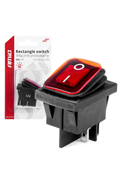 AMIO On/Off switch, 12/24V, rectangular, waterproof, Red illuminated, for cars, utility vehicles