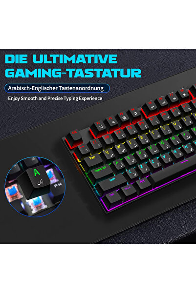 ALAMAREQ English Arabic Mechanical Gaming Keyboard with LED Backlit, 104 Keys USB E-sport Wired Keyboard