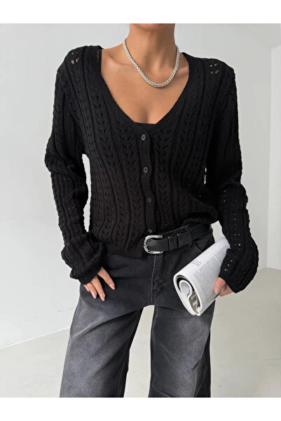 Butik Women's Black Perforated Knit Buttoned V-Neck Knitwear Cardigan