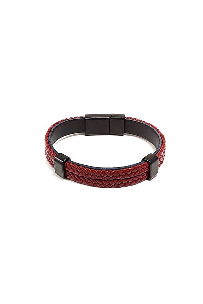 Herşey Nota Red Thick Knitted Genuine Leather Men's Bracelet |   Strong and Modern Design with Magnetic Metal Buckle