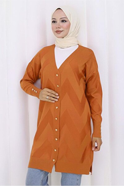 TRENDTESETTÜR Women's Brown (Tile) Patterned Knitwear Cardigan t 3913