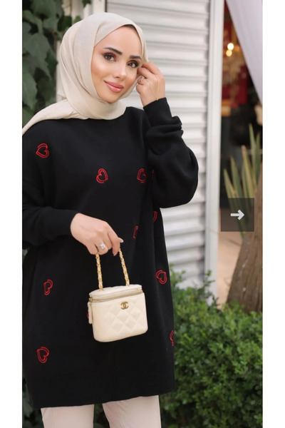 ZENNE TOPTAN Kalp nakışlı triko tunik kazak siyah