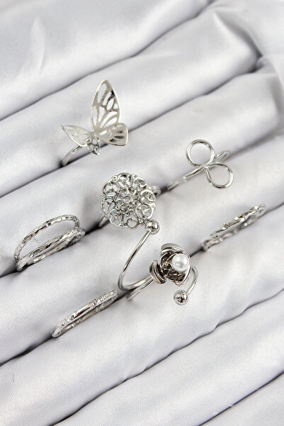 shopwave مجموعة خواتم نسائية من النحاس على شكل فراشة وردية فضية اللون