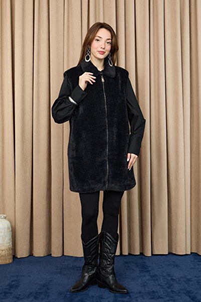 Puane Women's Zippered Plush Vest - 15238Ylk - Black