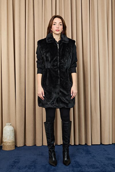 Puane Women's Hooded Elastic Waist Plush Vest - 15235Ylk - Black