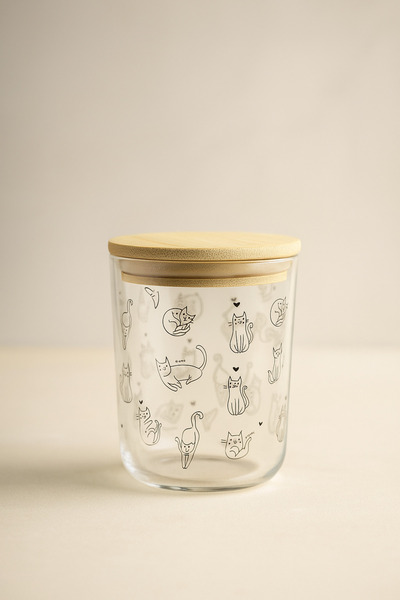 Fhilli Motto - Set of 6 Bamboo Vacuum Lid Glass Storage Containers with Cat Pattern Spice Jar Set 315 ml