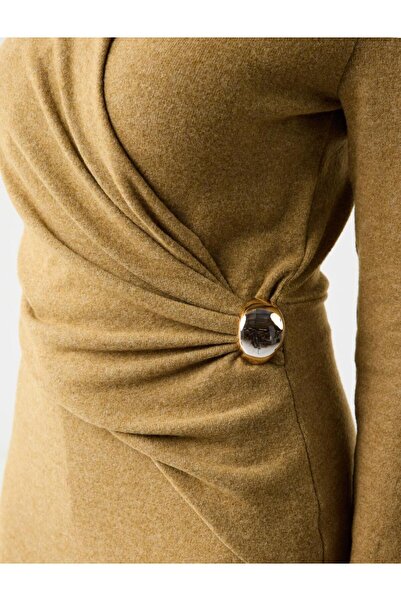 Jimmy Key Yağ Yeşili Kruvaze Yaka Yumuşak Dokulu Örme Midi Elbise