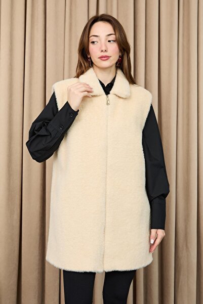 Puane Women's Zippered Plush Vest - 15238Ylk - Beige