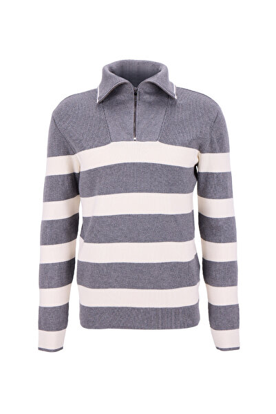 Fabrika Bato Yaka Slim Fit Çizgili Gri Melanj Erkek Kazak F5WM-KZK 2302