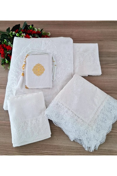 hira tasarım Velvet Prayer Rug Set 6 Pieces Laced Bridal Bundle Set Dowry Gift Prayer Rug Set