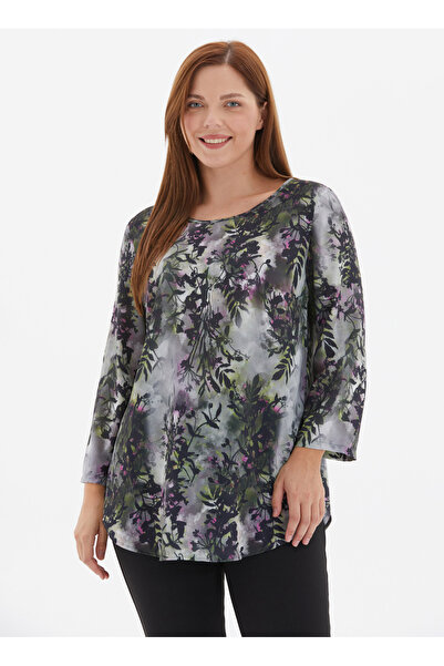 Selen Yuvarlak Yaka Emprime Yeşil Kadın Bluz 25KSL8260