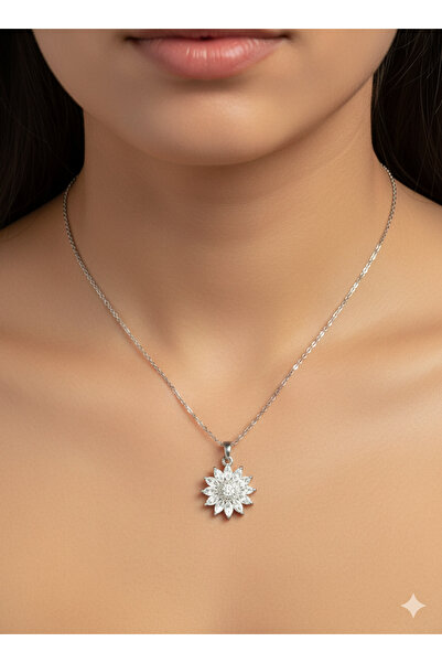 BLIZGANTIS Gümüş Ayçiçeği Figürlü Zirkon Taşlı Çelik Kolye
