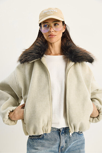 Bianco Lucci Women's Portable Fur Collar Zippered Cashmere Bomber Jacket 38185 60283786