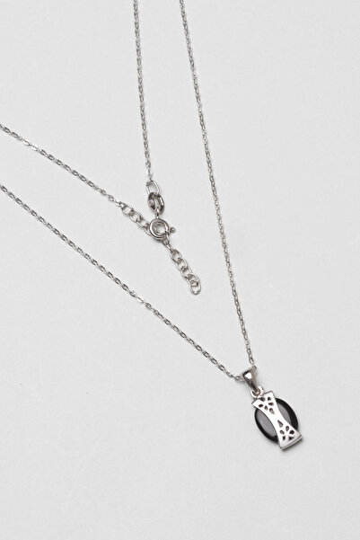 So CHIC... Oniks Taşlı 18 Ayar Beyaz Altın Kaplama 43 Cm Gümüş Kolye