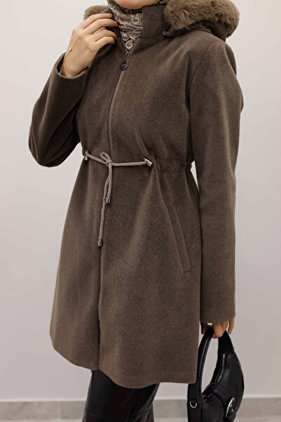 Tesettür Dünyası Hooded Zippered Fox Coat Tsd250238 Brown