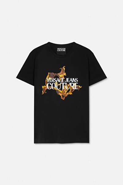 Versace Men's Regular Fit Baroque Patterned Letter Logo T-Shirt - Black/Gold