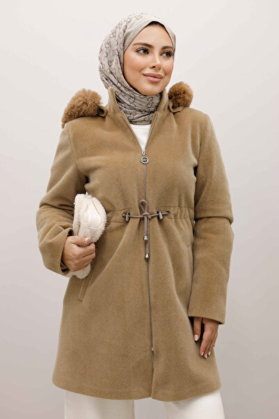 Tesettür Dünyası Hooded Zippered Fox Coat Tsd250238 Camel