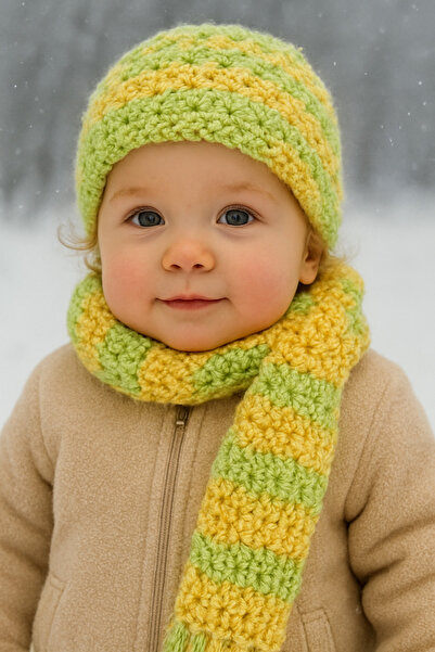 Yalçınoğlu Kids Hand Knitted Wool Children's Scarf Beanie Set |   2-6 Years Old |   Handmade Winter Set |   Warm Holder Winter Set I