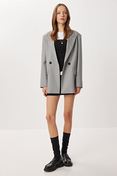 Lovelyİstanbul Oversized Shoulder Pad Piece Striped Woven Jacket Lwf0049 Gray