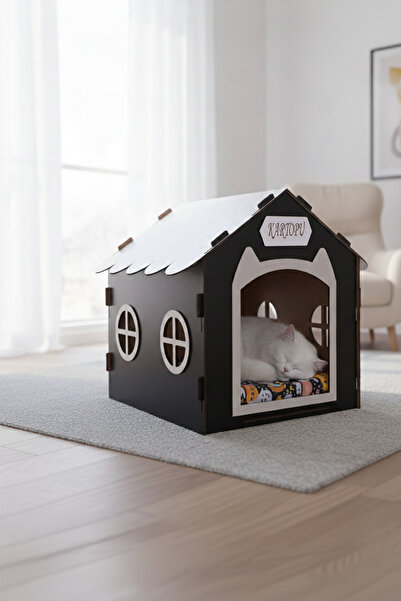 GOBYPET Ahşap Özel İsim Baskılı Dekoratif Kedi Evi-Kulübesi, Kediler İçin Kulübe, Kedi Kulübesi Siyah