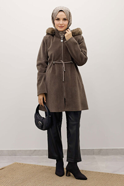 Tesettür Dünyası Hooded Zippered Fox Coat Tsd250238 Brown