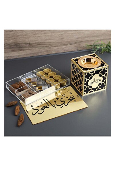 Story of candle Incense burner with box, incense supplies and luxury musk, with the phrase "Burn with oud," 2 incense sticks, 3 luxury musk sticks, and charcoal.
