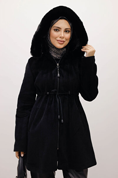 Tesettür Dünyası Hooded Zippered Fox Coat Tsd250238 Black