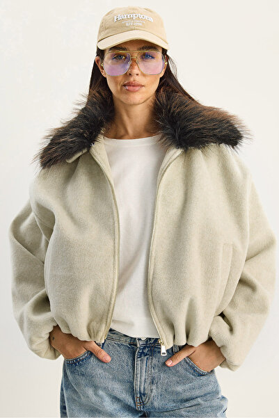 Bianco Lucci Women's Portable Fur Collar Zippered Cashmere Bomber Jacket 38185 60283786