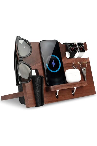 iCozzier قاعدة تثبيت متعددة الأجهزة من الخيزران، محفظة خشبية للأجهزة اللوحية، حامل للساعات، منظم للمكتب