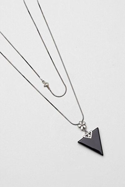 So CHIC... Oniks Taşlı Beyaz Altın Kaplama 55 Cm Gümüş Kolye