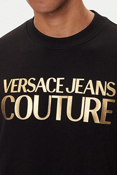 Versace Men's Regular Fit Gold Foil Print Logo Crew Neck Sweatshirt - Black