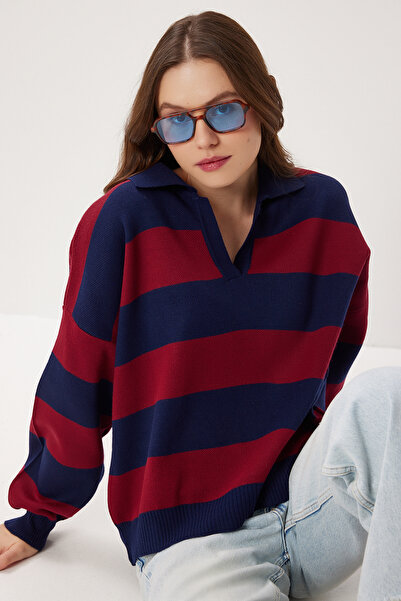 Lovelyİstanbul قصة فضفاضة سترة تريكو مخططة LMC0076 أزرق داكن أحمر كلاريت