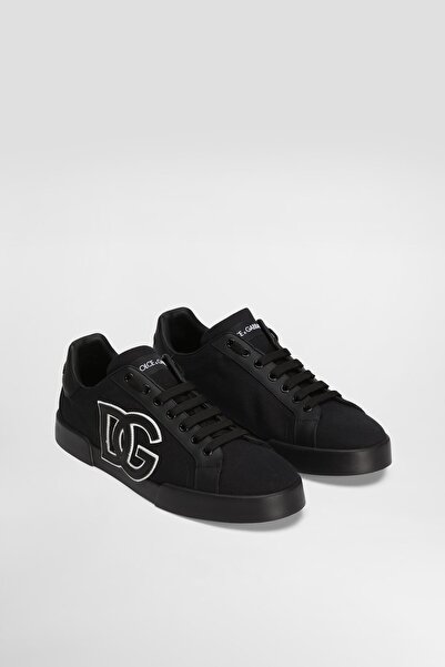 Dolce&Gabbana Men's Applique Logo Leather Sneakers - Black/Black