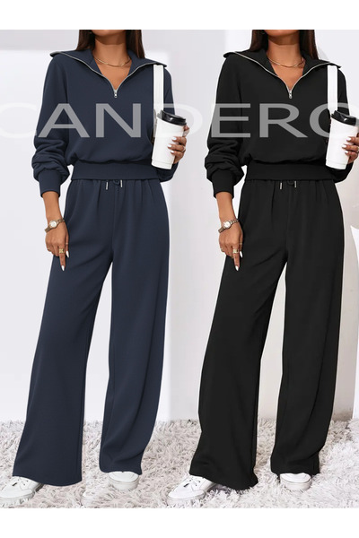 CAONNES Kış Kombini 2’li Eşofman Seti (Siyah-Lacivert) Baggy Bol Paça Eşofman Altı İçi Pamuklu Yumuşak Kuma