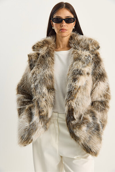 Bianco Lucci Women's Patterned Collar Lined Medium Length Faux Fur Coat 2851 60281124