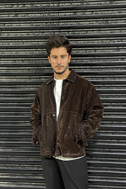 thesunfyre ΑΝΔΡΙΚΟ Καφέ oversized Premium Μπουφάν με διπλή τσέπη από βελούδο