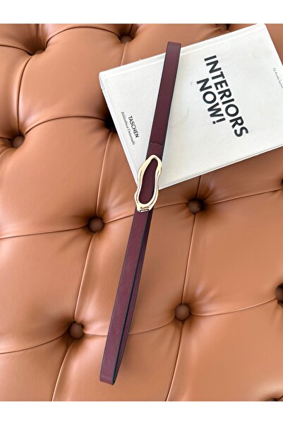 coaksco Women's Asymmetrical Gold Buckle Burgundy Belt