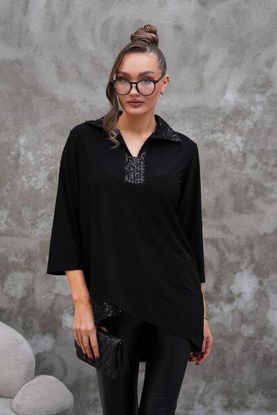 Seher Öztop Polo Yaka Payet Detaylı Bluz-Siyah