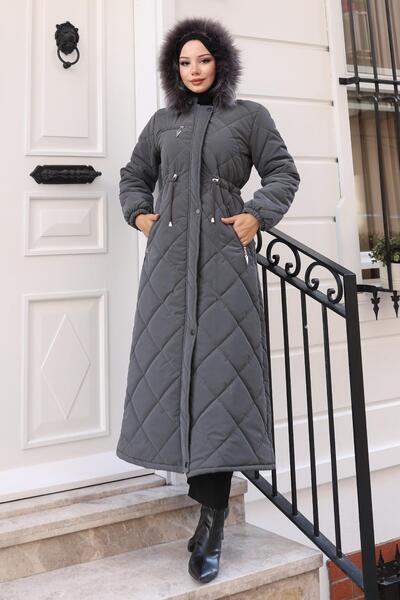 Missvalle Zippered Hooded Quilted Coat Gray 19277