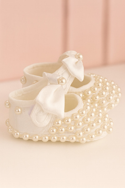 eradkids Premium Pearl Detailed Ecru Baby Booties-Bandana Set