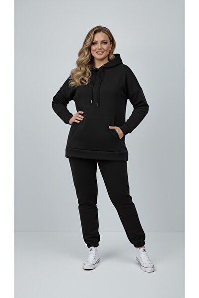 Koza Butik Women's Plus Size Long Sleeve Three Thread Sh Fleece-Lined Rubber Leggings Tracksuit Set 8230