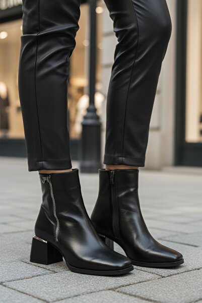 Pierre Cardin Black Shiny Fleece Lined Zippered Heeled Women's Boots Pc-54000 Z