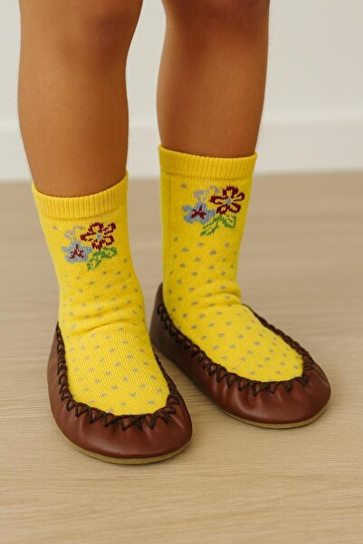 Katia&Bony Мокасини с флорални мотиви за момичета – Неплъзгащи се обувки за дома и детската стая Кафяви