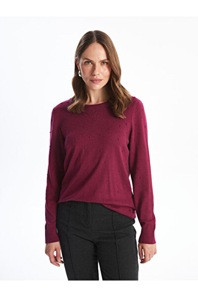 LC Waikiki طاقم الرقبة الذاتي منقوشة طويلة الأكمام سترة تريكو المرأة